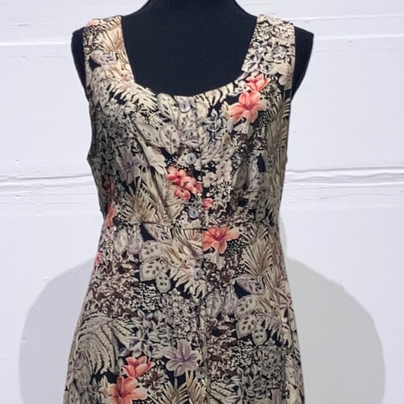 Brown and coral cool toned floral button down adjustable waist long dress - Picture 14 of 14